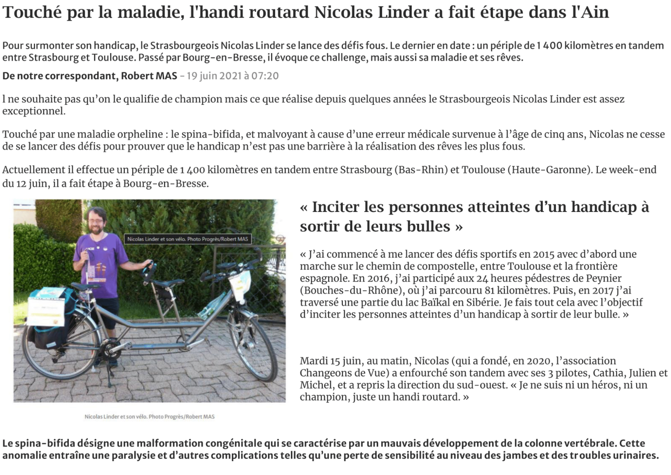 Article : Touché par la maladie, l'handi routard Nicolas Linder a fait étape dans l'Ain