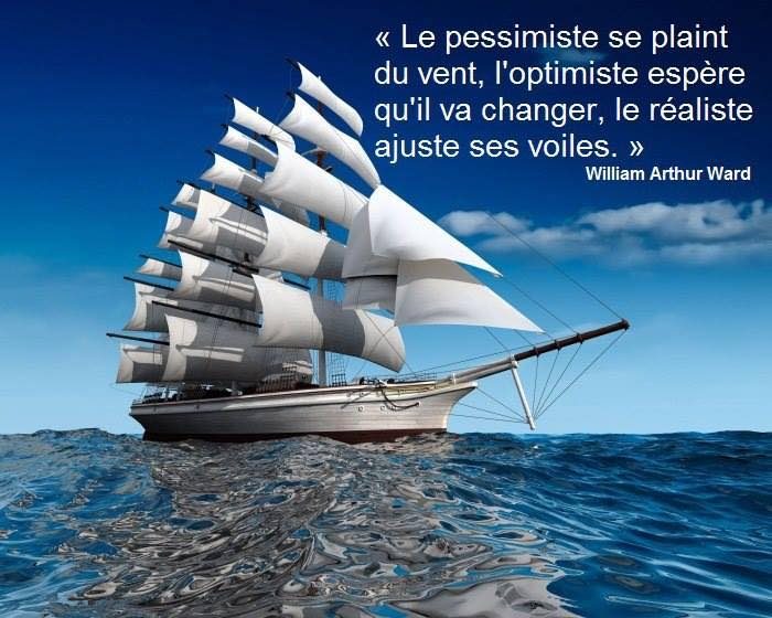 Citation disant le pessimiste se plaint du vent, l'optimiste espère qu'il va changer, le réaliste ajuste les voiles